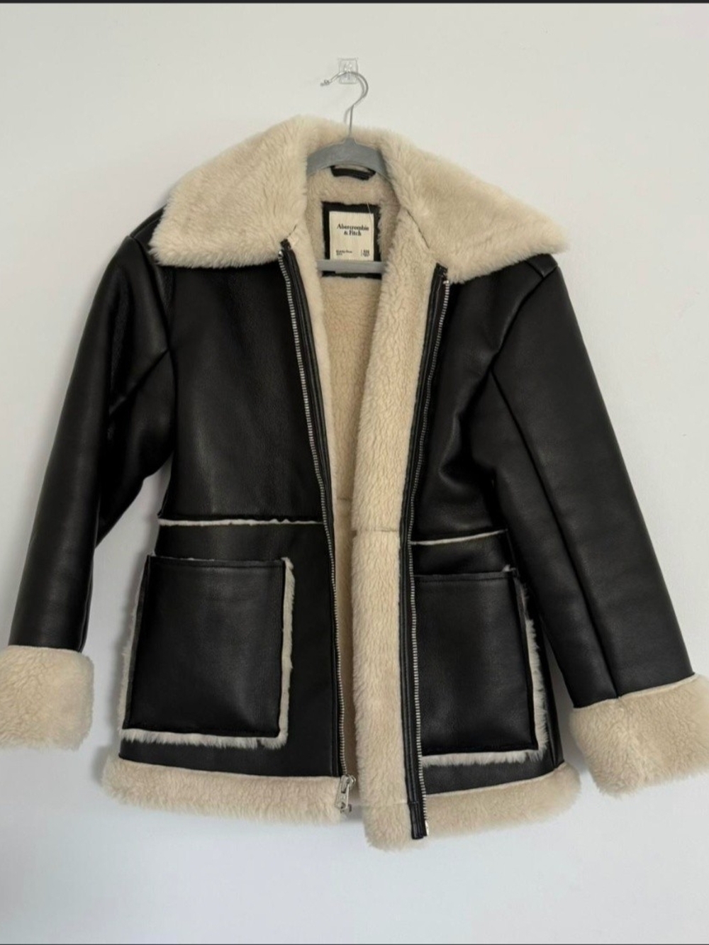 NWOT Abercrombie & Fitch Black Faux Leather Jacket with Cream Shearling Trim